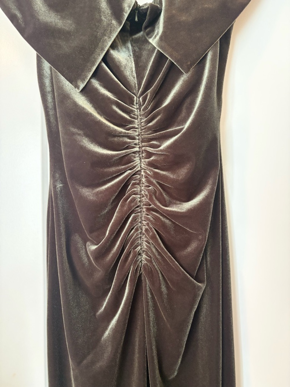 Velvet Sweetheart Off-Shoulder Strapless Gown in Olive Green size 10 - Picture 6 of 7
